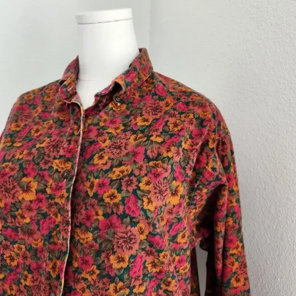 Vintage 90s Land's End Red Green Orange Autumn Fall Floral Button Down Shirt L - Picture 3 of 9